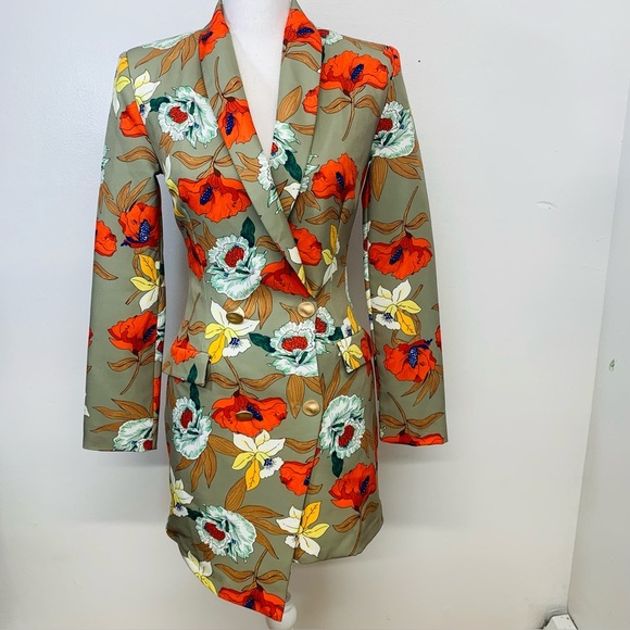 Pretty Little Thing Blazer Jacket 4 Floral Fitted Colorful Retro Mod Casual Work - Picture 1 of 10
